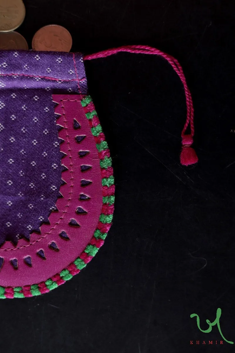 Purple and Pink Traditional Mashru Drawstring Potli Coin Pouch