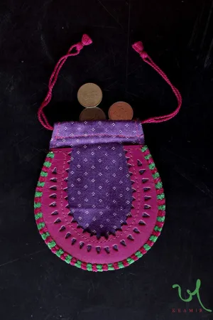 Purple and Pink Traditional Mashru Drawstring Potli Coin Pouch