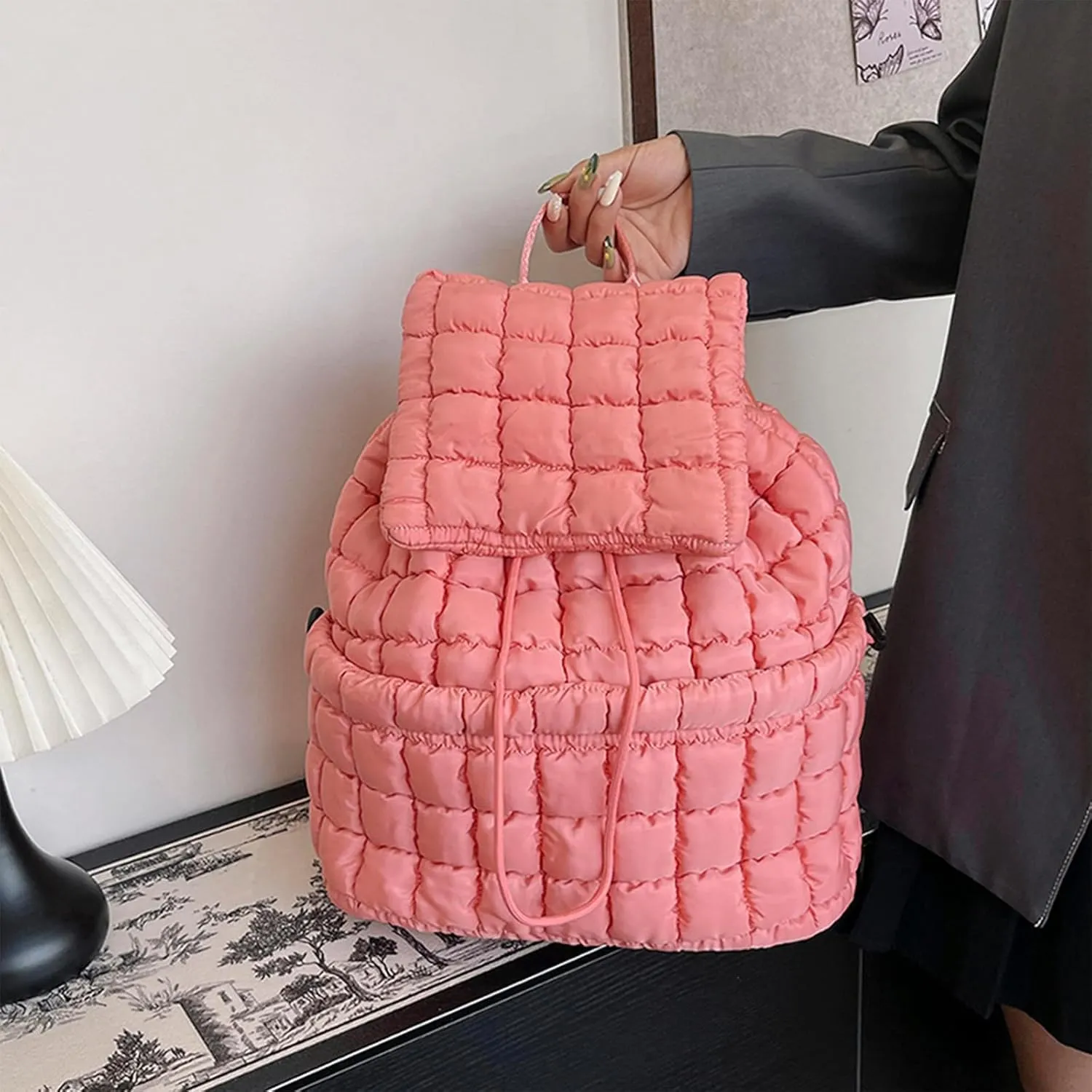 Quilted Backpack For Women Lightweight Trendy Puffer Cotton Top Flap Drawstring Backpack Travel Cloud Gym Bag (Green)