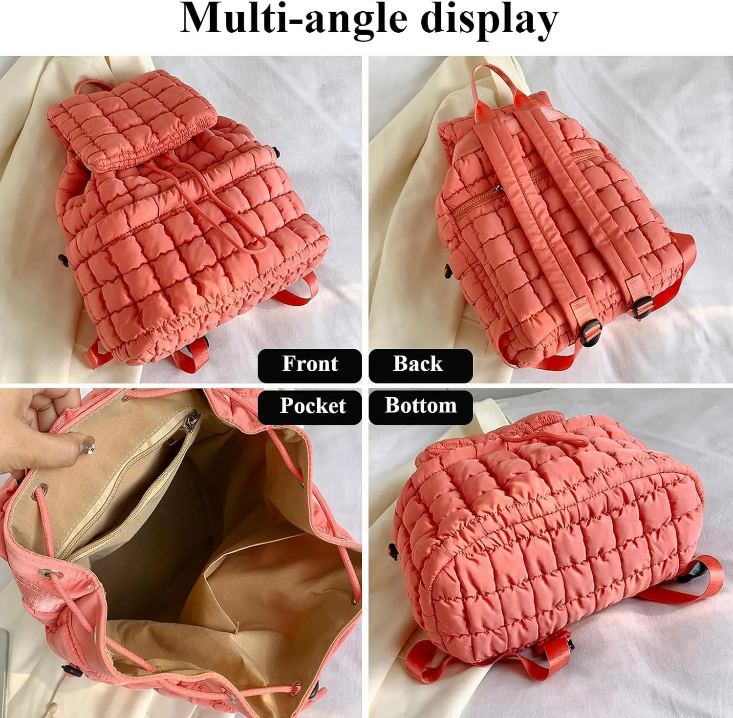 Quilted Backpack For Women Lightweight Trendy Puffer Cotton Top Flap Drawstring Backpack Travel Cloud Gym Bag (Green)