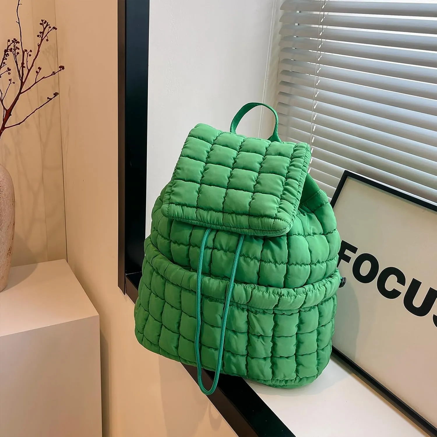 Quilted Backpack for Women, Trendy Puffer Backpack Drawstring Backpack Purse Quilted Puffy Backpack (Dark Green)