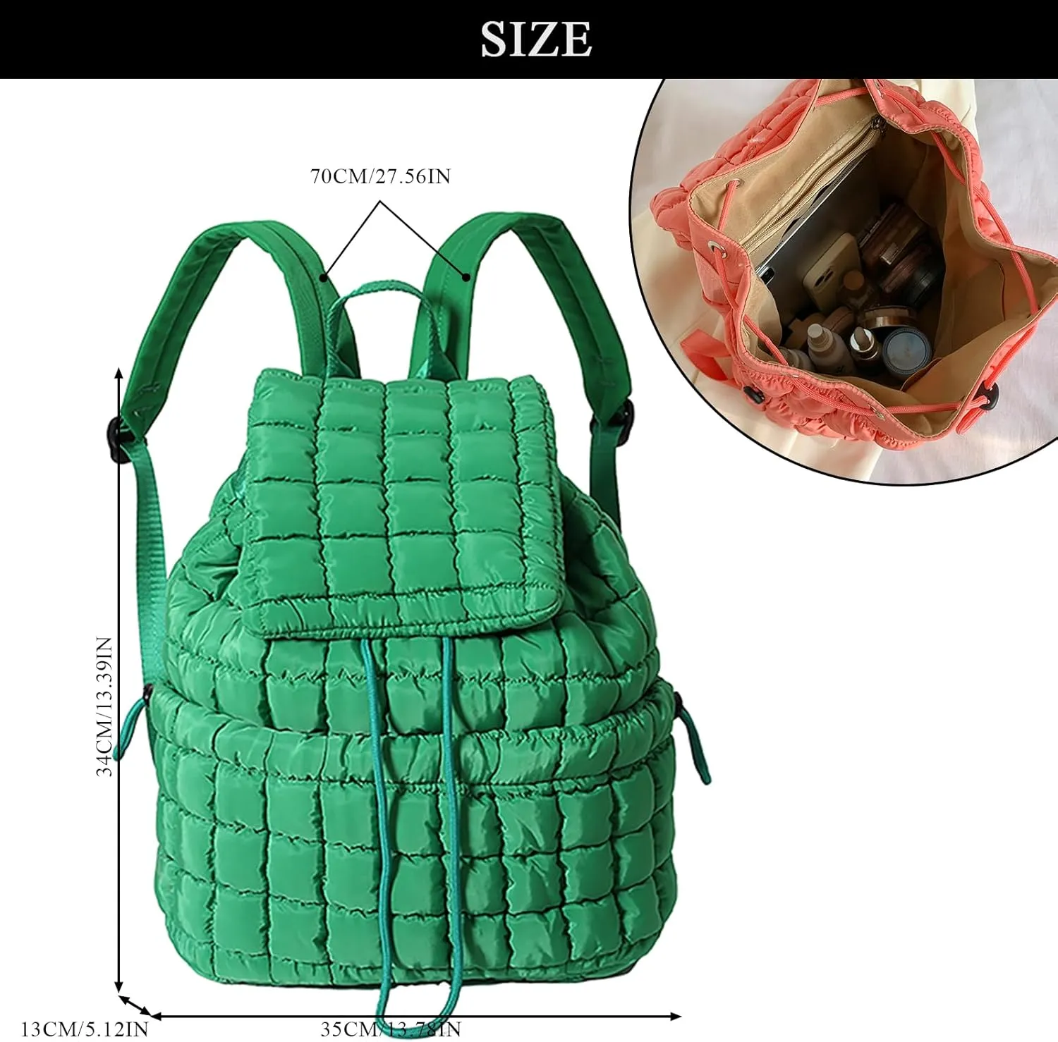 Quilted Backpack for Women, Trendy Puffer Backpack Drawstring Backpack Purse Quilted Puffy Backpack (Dark Green)
