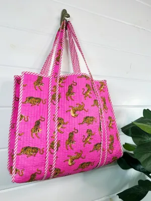 Quilted Bright Pink Tiger Overnight Bag