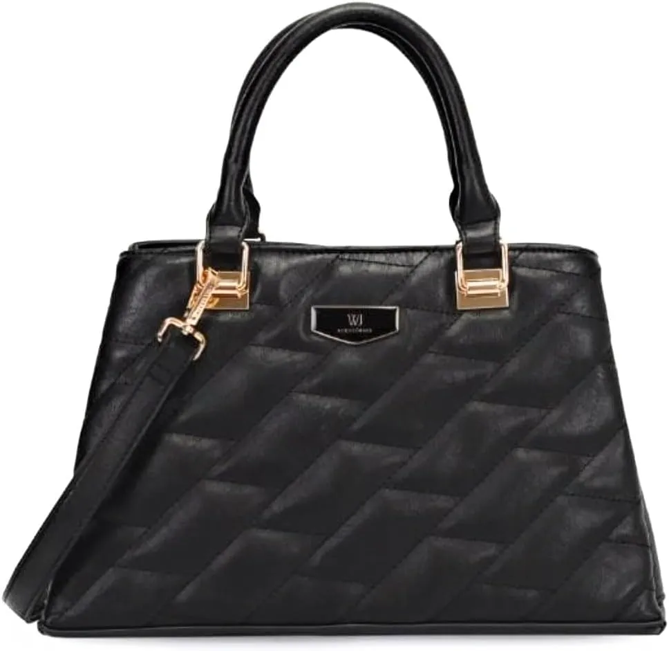 Quilted Leather Tote Handbag, Black, Double Handle, Gold Hardware