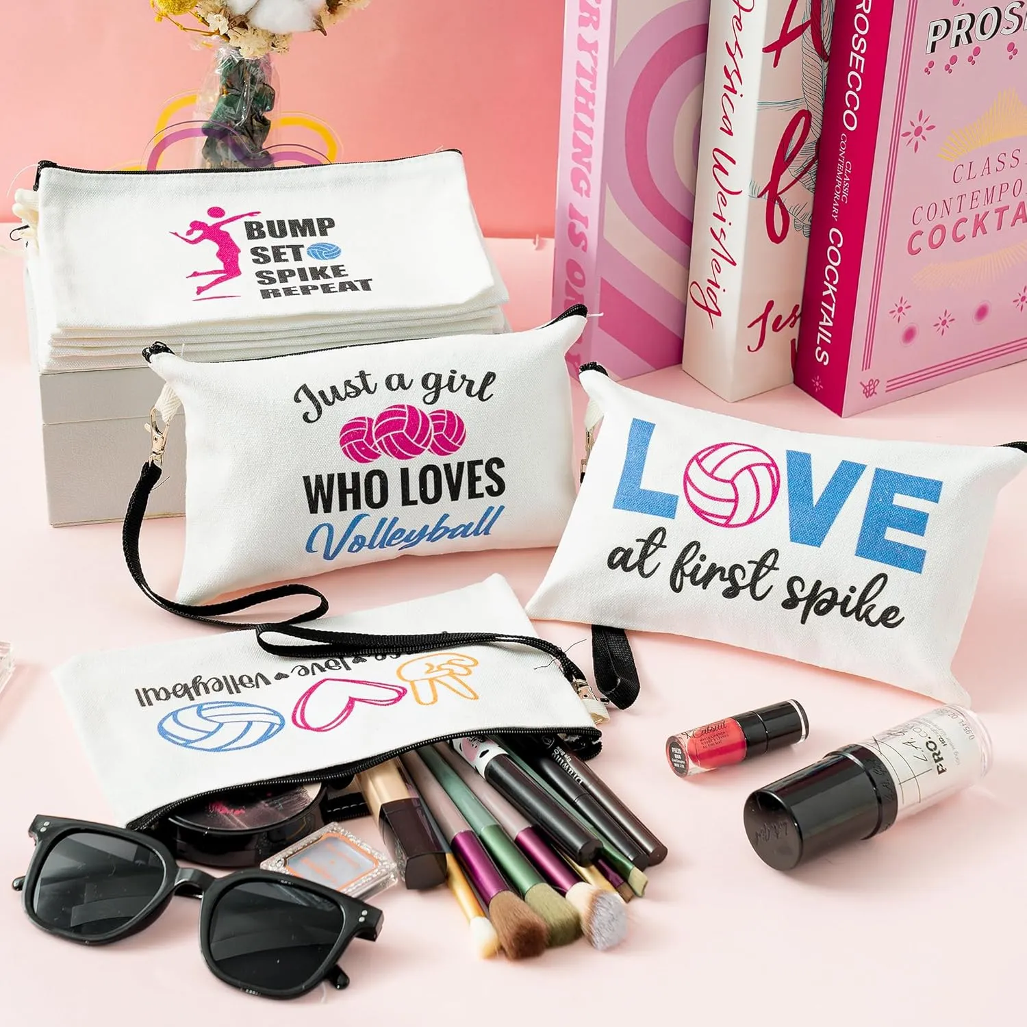 R HORSE 9Pcs Volleyball Makeup Bag Inspirational Gifts for Women Girls, Canvas Cosmetic Toiletry Pouch Bag Christmas Birthday Gifts for Volleyball Team Player Lover Fan