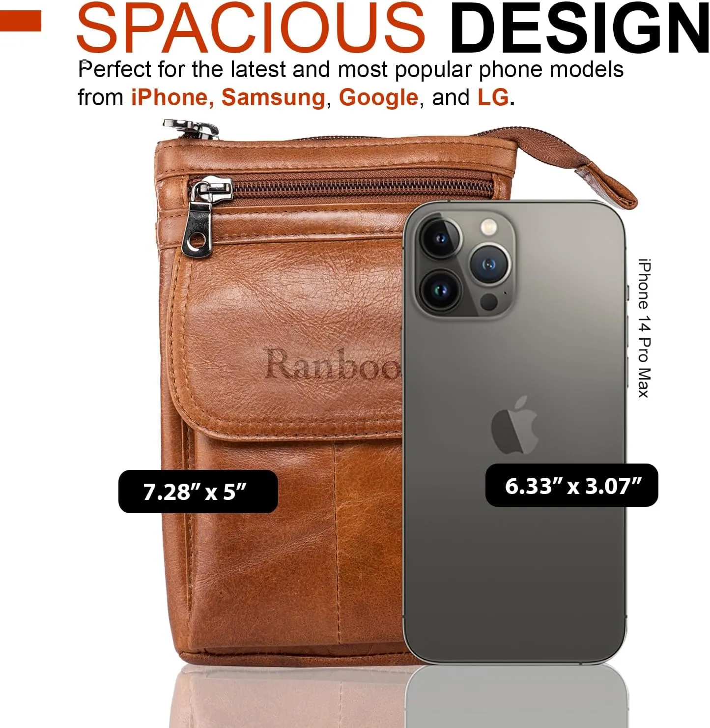 Ranboo Leather Cell Phone Belt Pouch Fit for iPhone 16 15 14 13 12 Pro Max Samsung Galaxy A15 A54 S25 Ultra S24 Ultra S23 Ultra Holster Case with Belt Clip Crossbody Purse Shoulder Phone Bag (Brown)