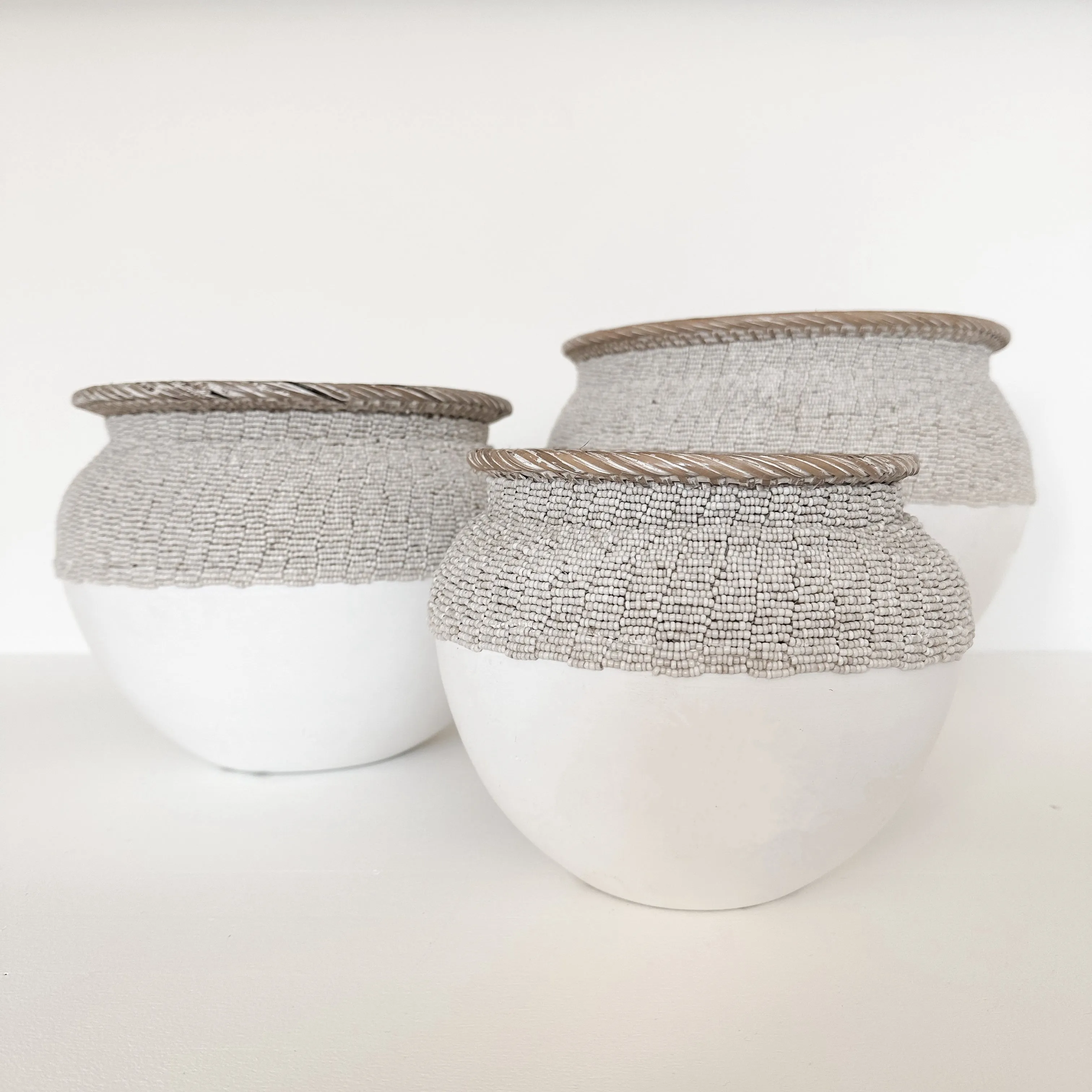 Rattan Vase - White with Natural Beaded Trim