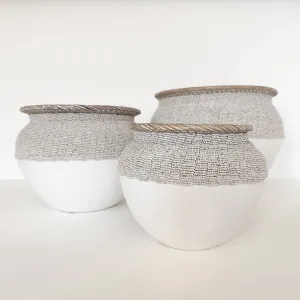 Rattan Vase - White with Natural Beaded Trim