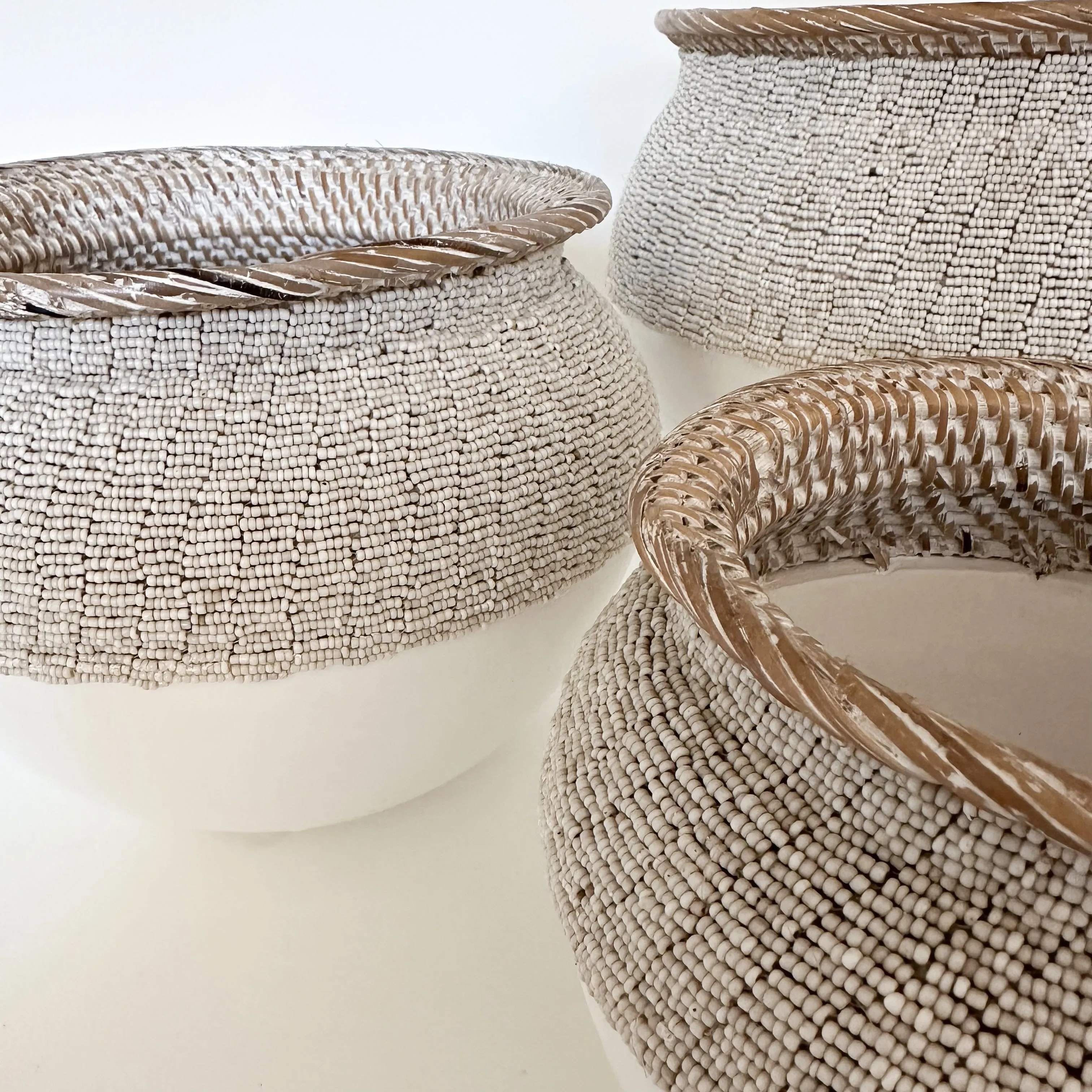 Rattan Vase - White with Natural Beaded Trim