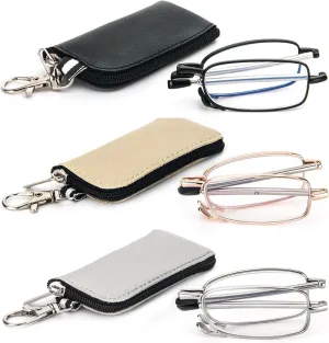 REAVEE 3 Pack Folding Reading Glasses with Keychain Compact Bags for Women Men, Blue Light Blocking Spring Hinge Portable Pocket Readers, Black Gold and Silver 1.0