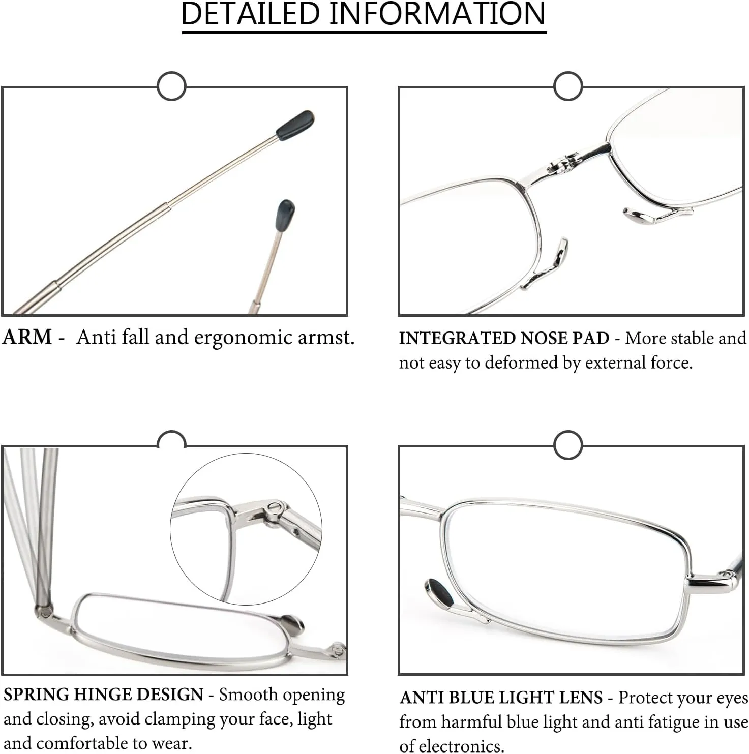 REAVEE 3 Pack Folding Reading Glasses with Keychain Compact Bags for Women Men, Blue Light Blocking Spring Hinge Portable Pocket Readers, Black Gold and Silver 1.0
