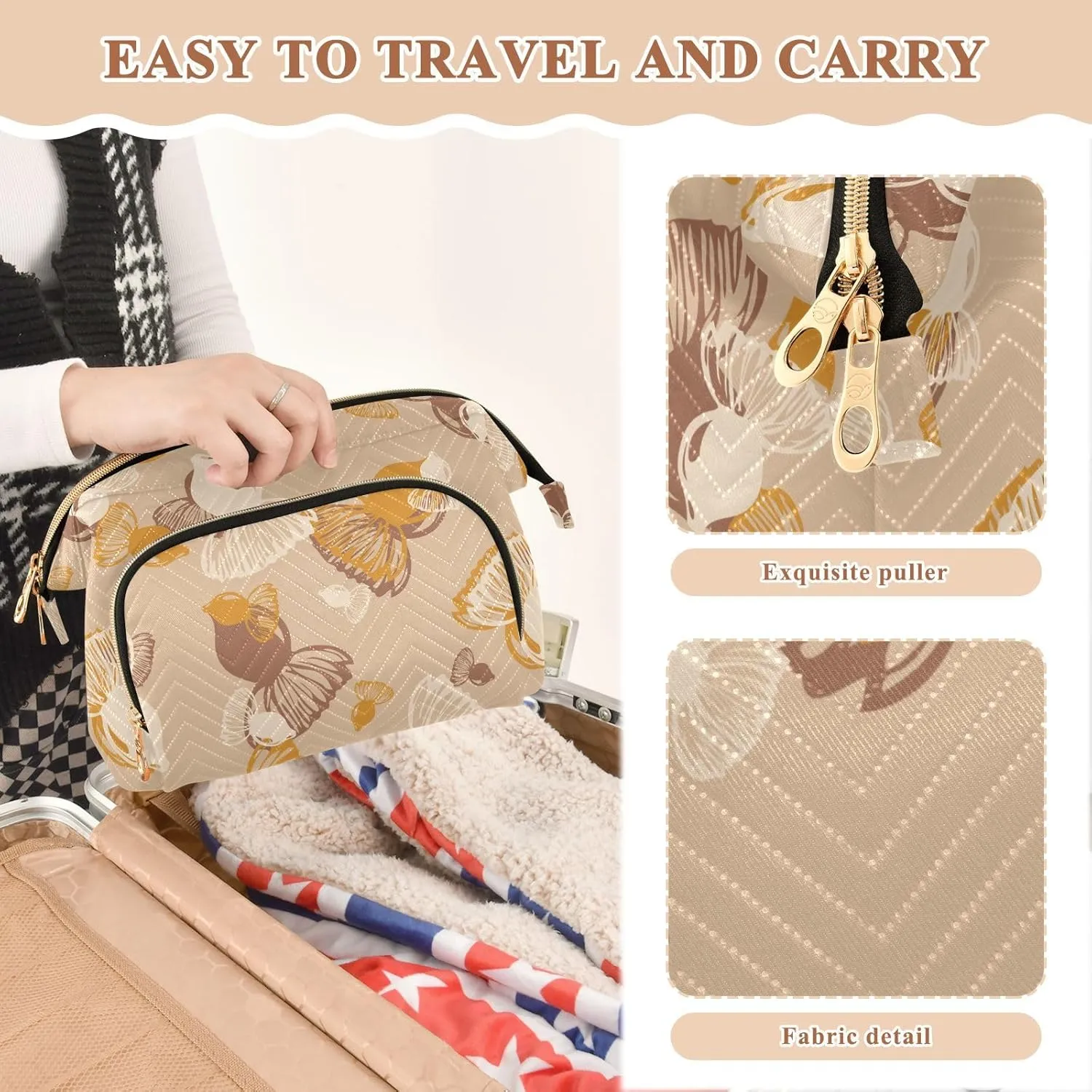 Rectangular Quilted Cosmetic Bag Spacious Travel Makeup Organizer Puffy Padding