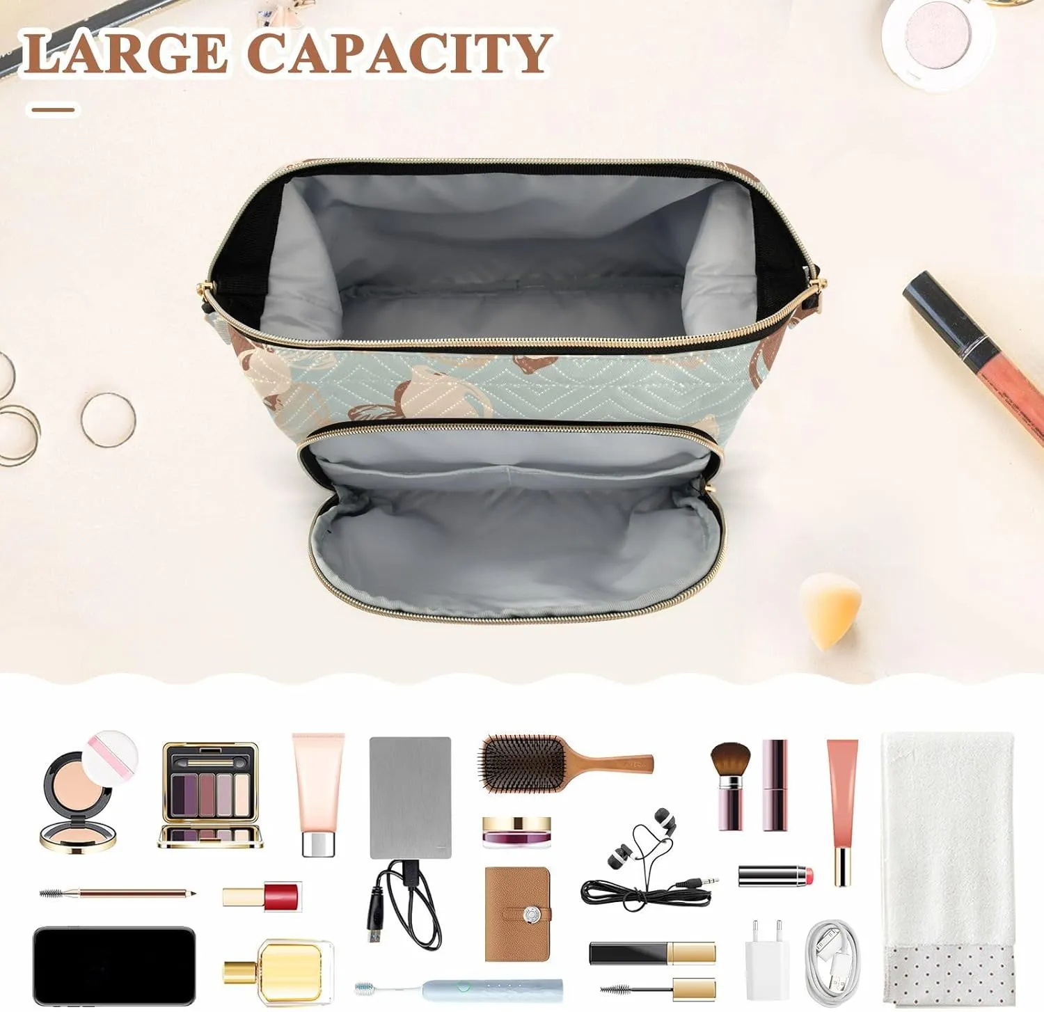 Rectangular Quilted Cosmetic Bag Spacious Travel Makeup Organizer Puffy Padding