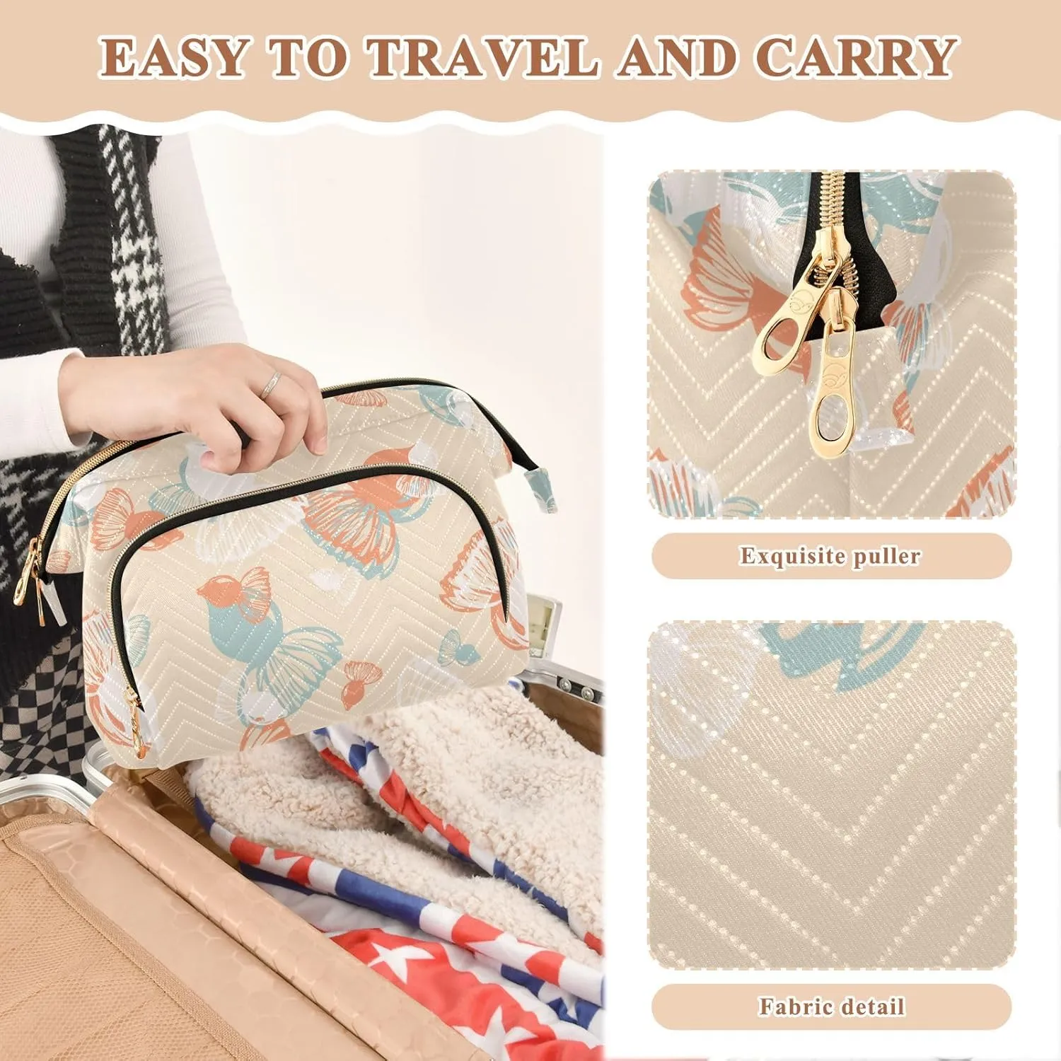Rectangular Quilted Cosmetic Bag Spacious Travel Makeup Organizer Puffy Padding