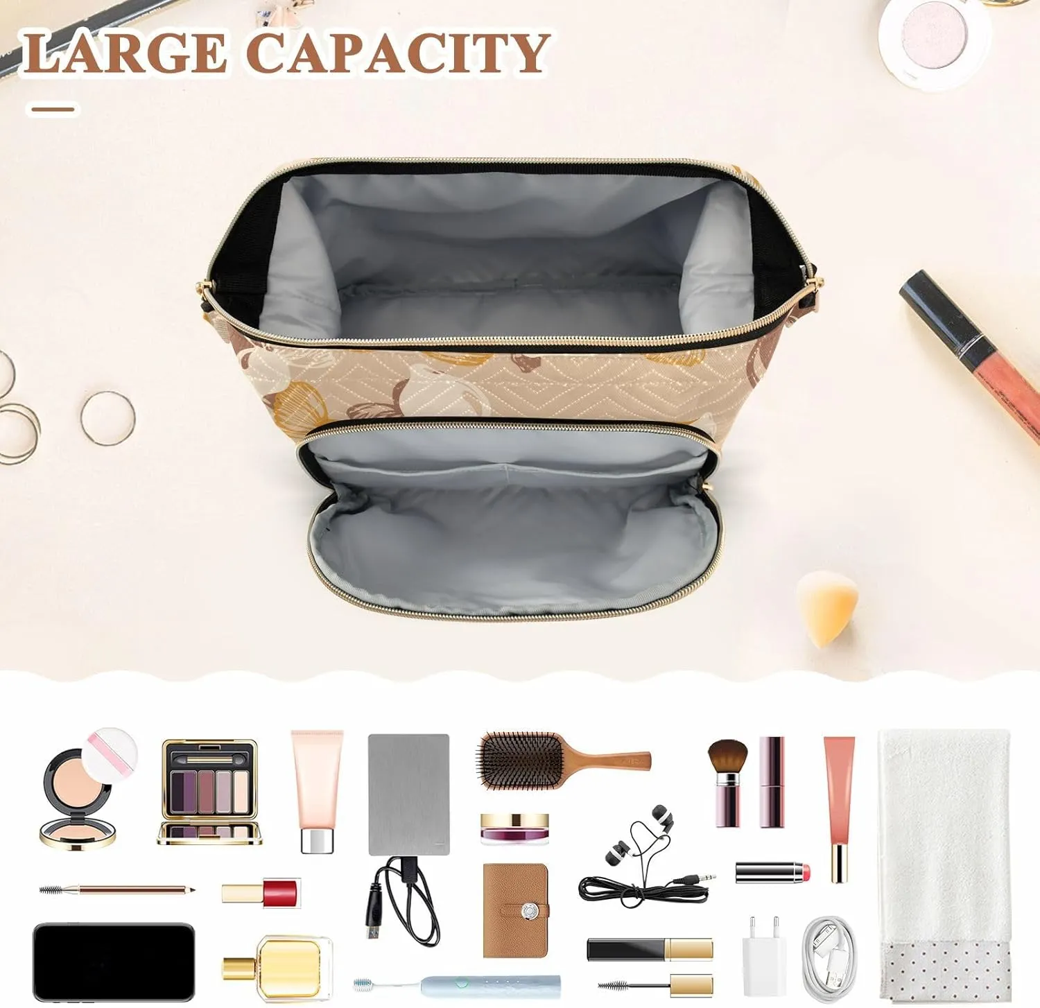 Rectangular Quilted Cosmetic Bag Spacious Travel Makeup Organizer Puffy Padding