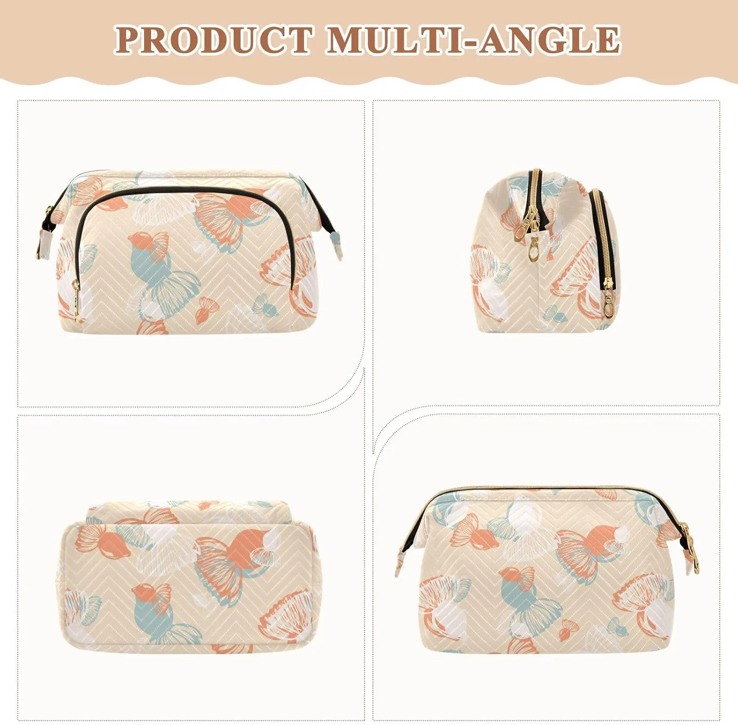 Rectangular Quilted Cosmetic Bag Spacious Travel Makeup Organizer Puffy Padding