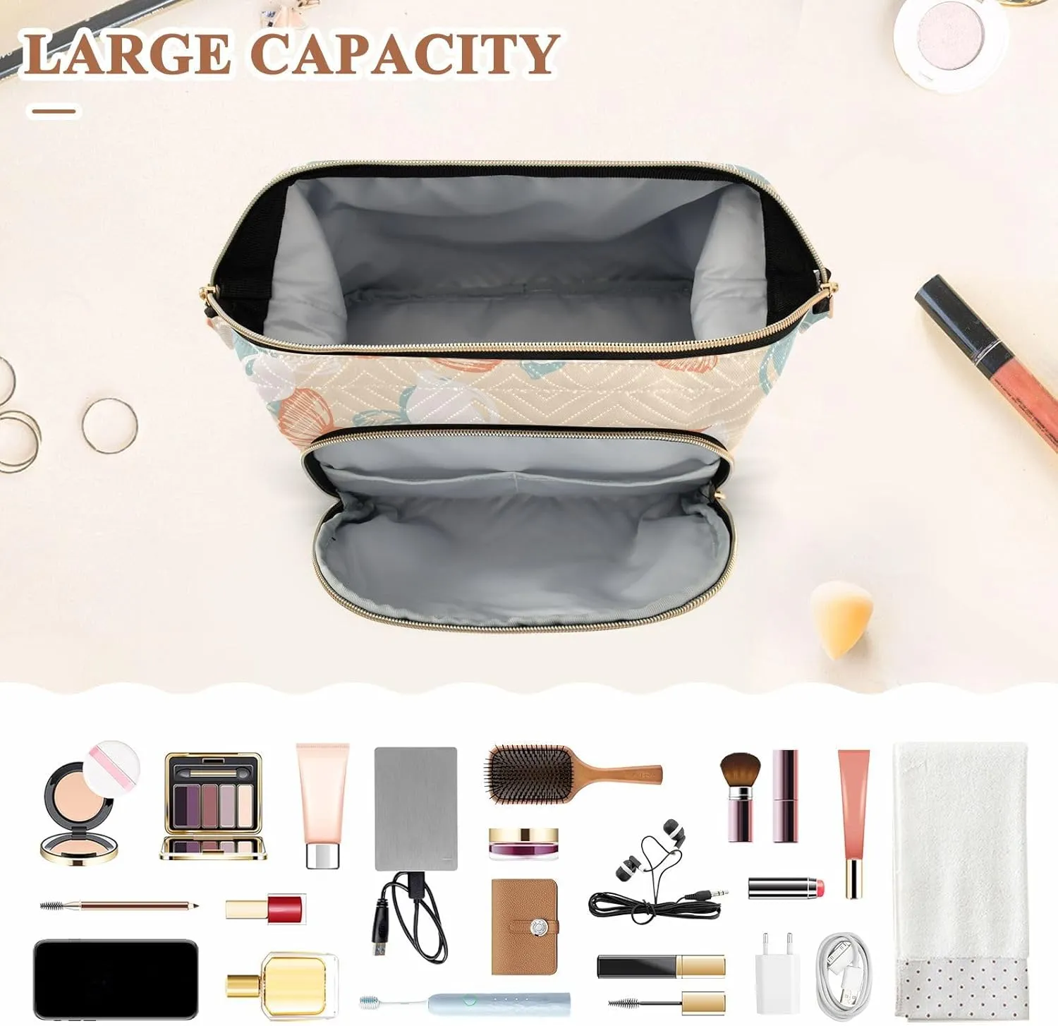 Rectangular Quilted Cosmetic Bag Spacious Travel Makeup Organizer Puffy Padding