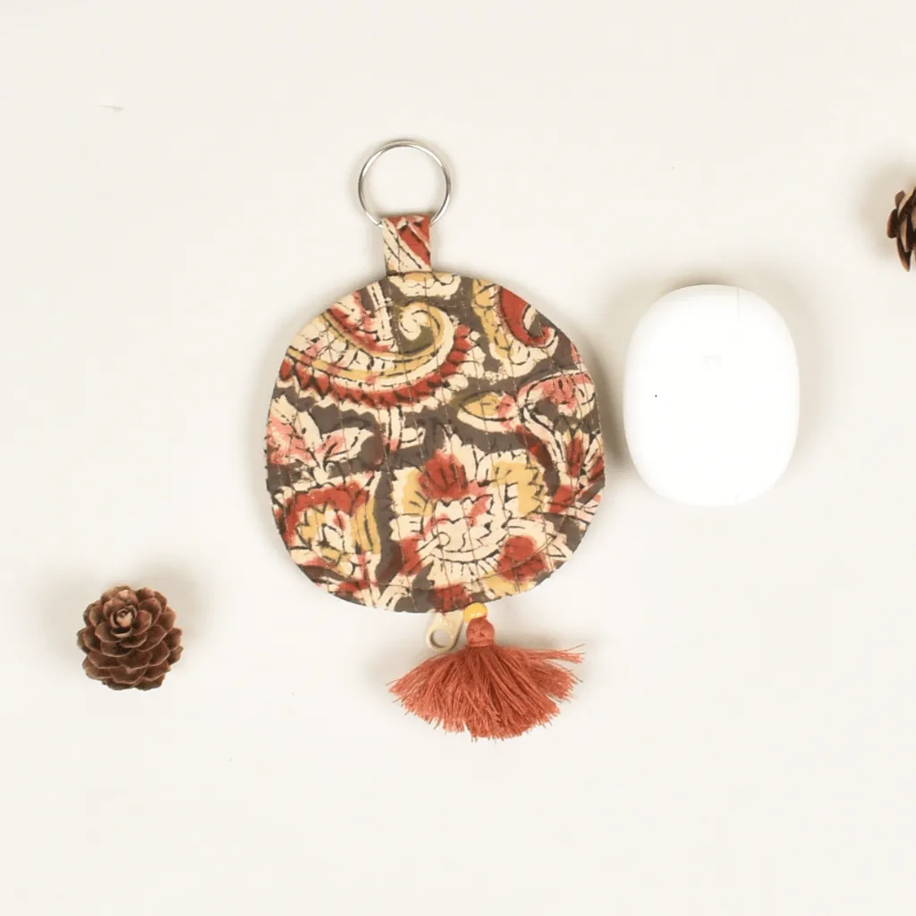 Red kalamkari Round Pouch – Lip Balm / Earbuds Holder