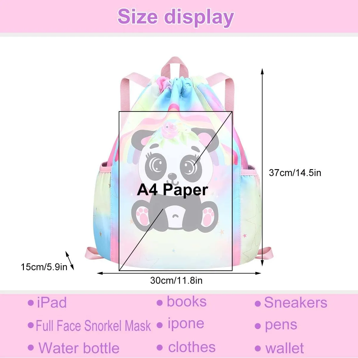 RHCPFOVR Drawstring Backpack for Kids - Panda Bags for Girls Mini Gym Dance Beach Swim Travel Bag With Two Water Bottle Holder