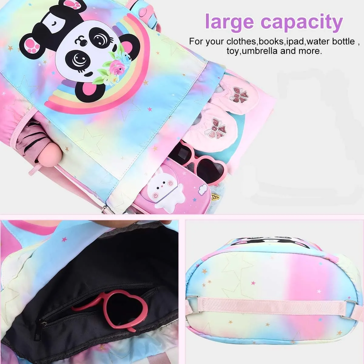 RHCPFOVR Drawstring Backpack for Kids - Panda Bags for Girls Mini Gym Dance Beach Swim Travel Bag With Two Water Bottle Holder