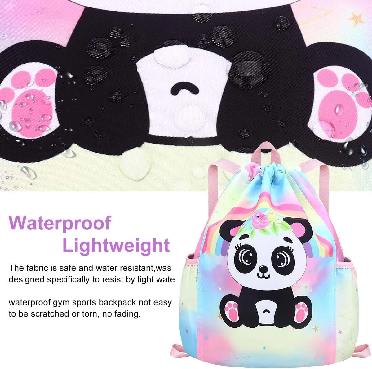 RHCPFOVR Drawstring Backpack for Kids - Panda Bags for Girls Mini Gym Dance Beach Swim Travel Bag With Two Water Bottle Holder