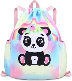 RHCPFOVR Drawstring Backpack for Kids - Panda Bags for Girls Mini Gym Dance Beach Swim Travel Bag With Two Water Bottle Holder