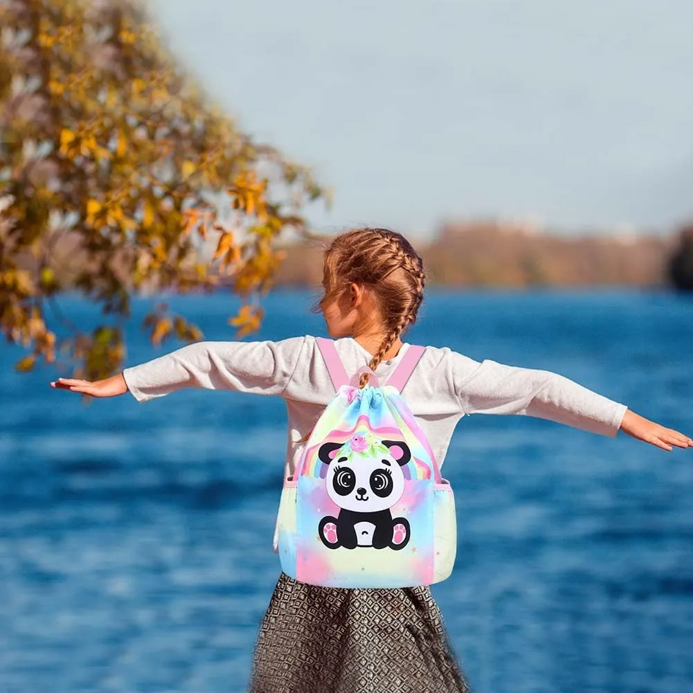 RHCPFOVR Drawstring Backpack for Kids - Panda Bags for Girls Mini Gym Dance Beach Swim Travel Bag With Two Water Bottle Holder