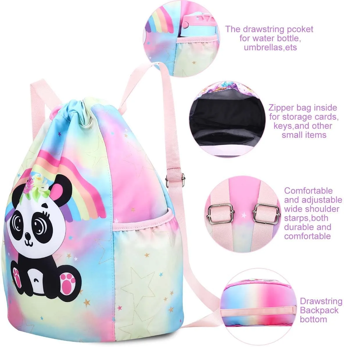 RHCPFOVR Drawstring Backpack for Kids - Panda Bags for Girls Mini Gym Dance Beach Swim Travel Bag With Two Water Bottle Holder