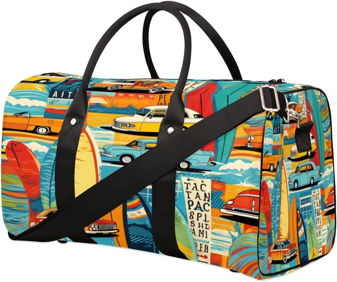 Road Tour Travel Duffel Bag Sport Gym Retro Car Tour Duffle Bag Weekender Overnight Tote Bag Foldable Carry on Bag Training Shoulder Bag for Women Men