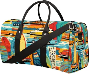 Road Tour Travel Duffel Bag Sport Gym Retro Car Tour Duffle Bag Weekender Overnight Tote Bag Foldable Carry on Bag Training Shoulder Bag for Women Men