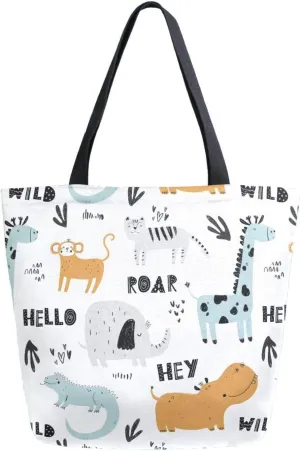 Roar Lion Wild Animals Giraffes Elephant Canvas Tote Bag for Women with Zipper Pocket Reusable Grocery Shopping Bags Large Travel Shoulder Bag Handbag Bags