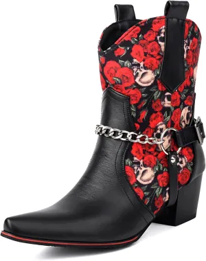 Roimaash Women Embroidered Floral Cowgirl Boots Mid High Fashion Cowboy Boots