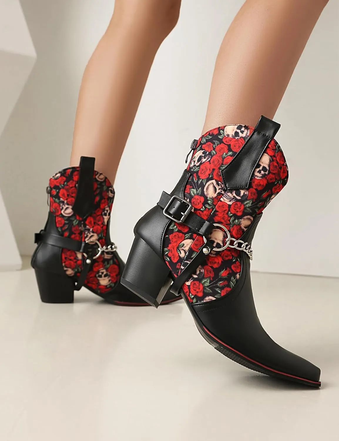 Roimaash Women Embroidered Floral Cowgirl Boots Mid High Fashion Cowboy Boots