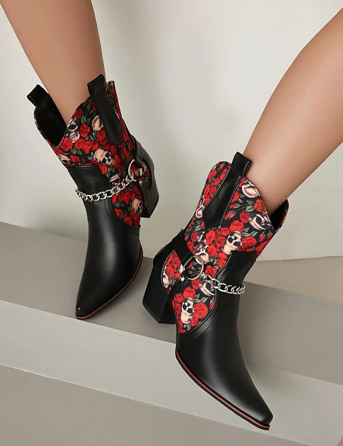 Roimaash Women Embroidered Floral Cowgirl Boots Mid High Fashion Cowboy Boots