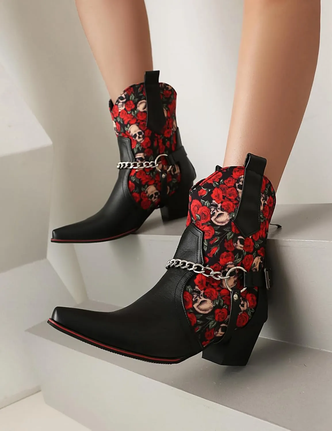 Roimaash Women Embroidered Floral Cowgirl Boots Mid High Fashion Cowboy Boots