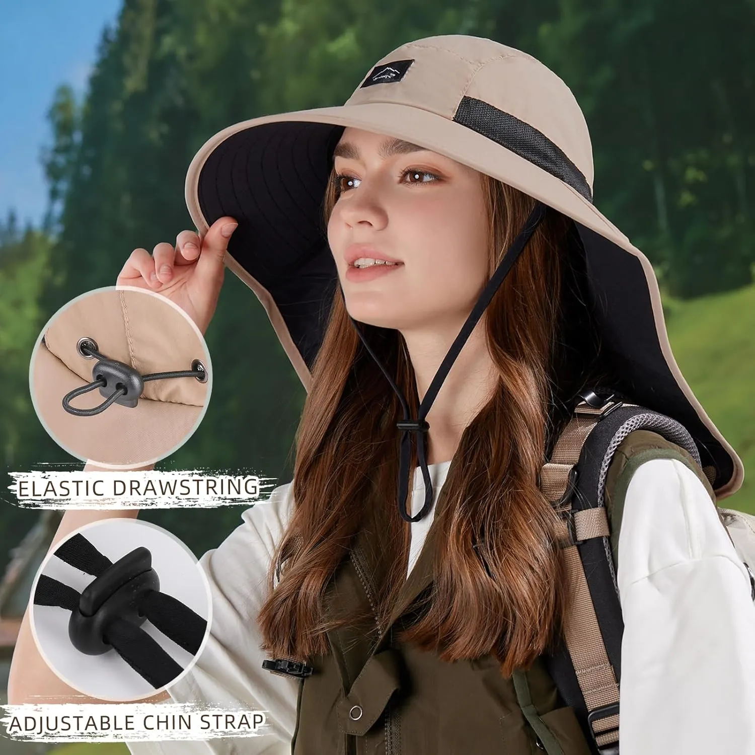Rosoz Outdoor Sun Hat for Men Women, UPF50  Protection Safari Cap Wide Brim Mesh Fishing Hat with Neck Flap Beach Garden