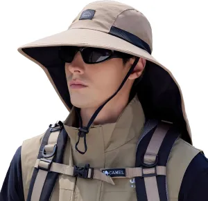 Rosoz Outdoor Sun Hat for Men Women, UPF50  Protection Safari Cap Wide Brim Mesh Fishing Hat with Neck Flap Beach Garden