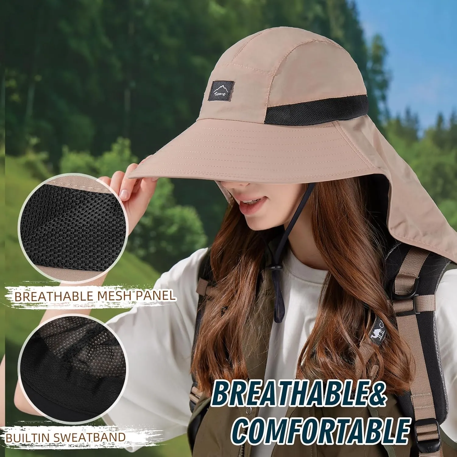 Rosoz Outdoor Sun Hat for Men Women, UPF50  Protection Safari Cap Wide Brim Mesh Fishing Hat with Neck Flap Beach Garden