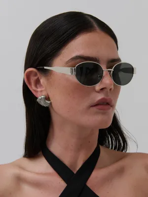 Round Silver Metal Oval Sunglasses in Black