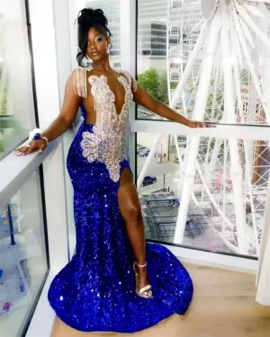 Royal Blue Long Prom Dress For Black Girls Mermaid Sequined Beaded Crystals Birthday Party Dresses Evening Gown Customized