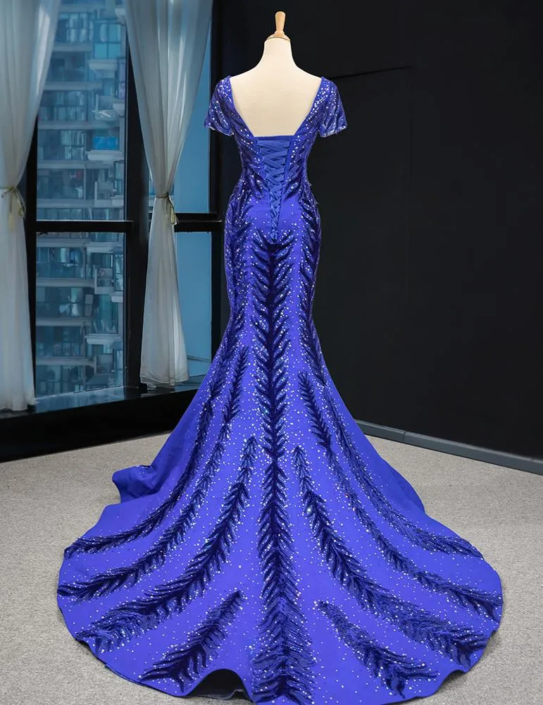 RSM66855 cap sleeves pattern blue mermaid luxury beaded evening gown elegant dresses with detachable train