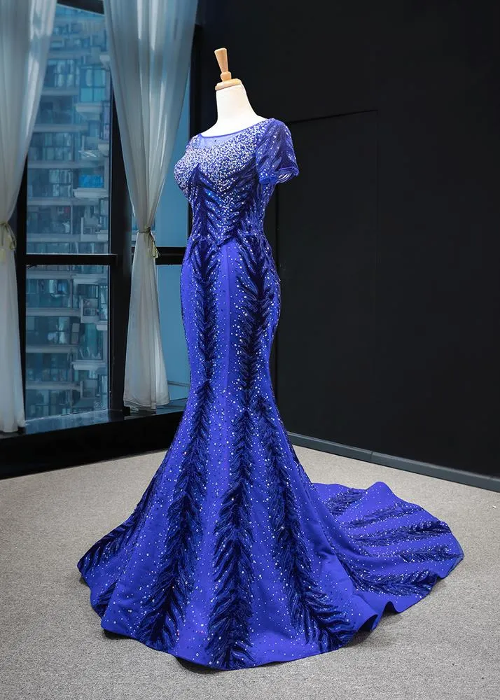 RSM66855 cap sleeves pattern blue mermaid luxury beaded evening gown elegant dresses with detachable train