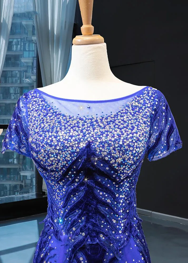 RSM66855 cap sleeves pattern blue mermaid luxury beaded evening gown elegant dresses with detachable train