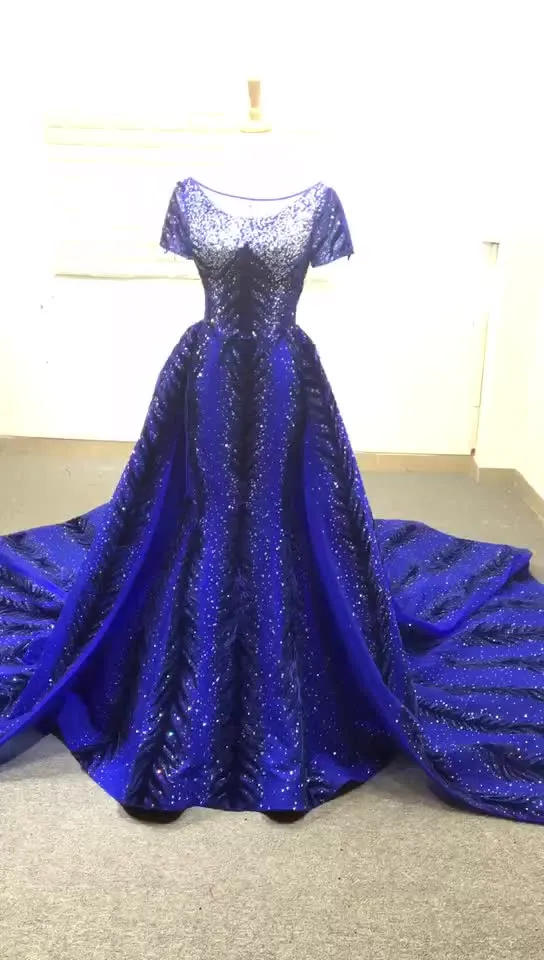 RSM66855 cap sleeves pattern blue mermaid luxury beaded evening gown elegant dresses with detachable train