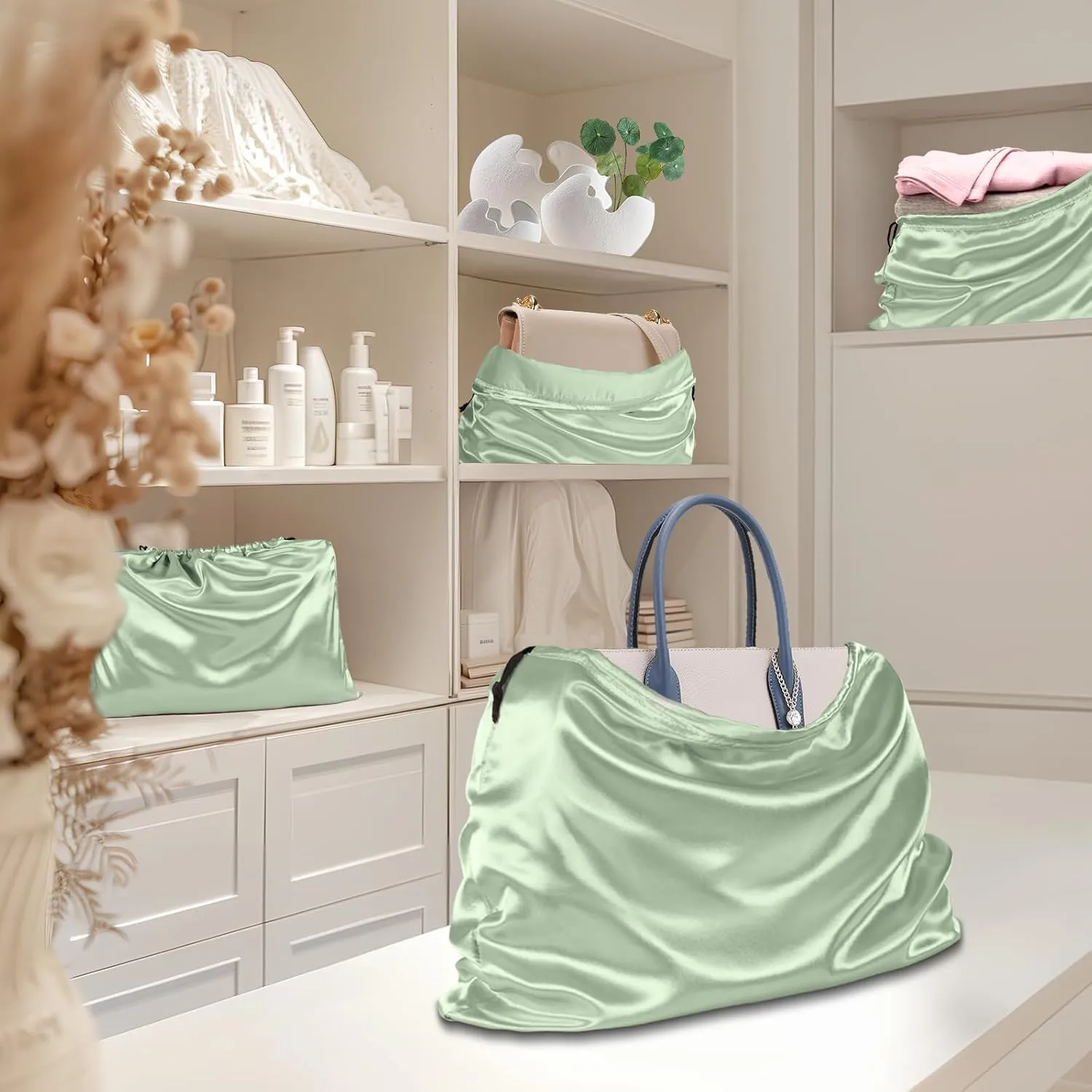 RUDONG M 8 Pack Satin Dust Bags for Handbag, Silky Dust Cover Bags with Drawstring, Sage Green Purse Dustbags for Storage, Travel Pouch Clothes Shoes