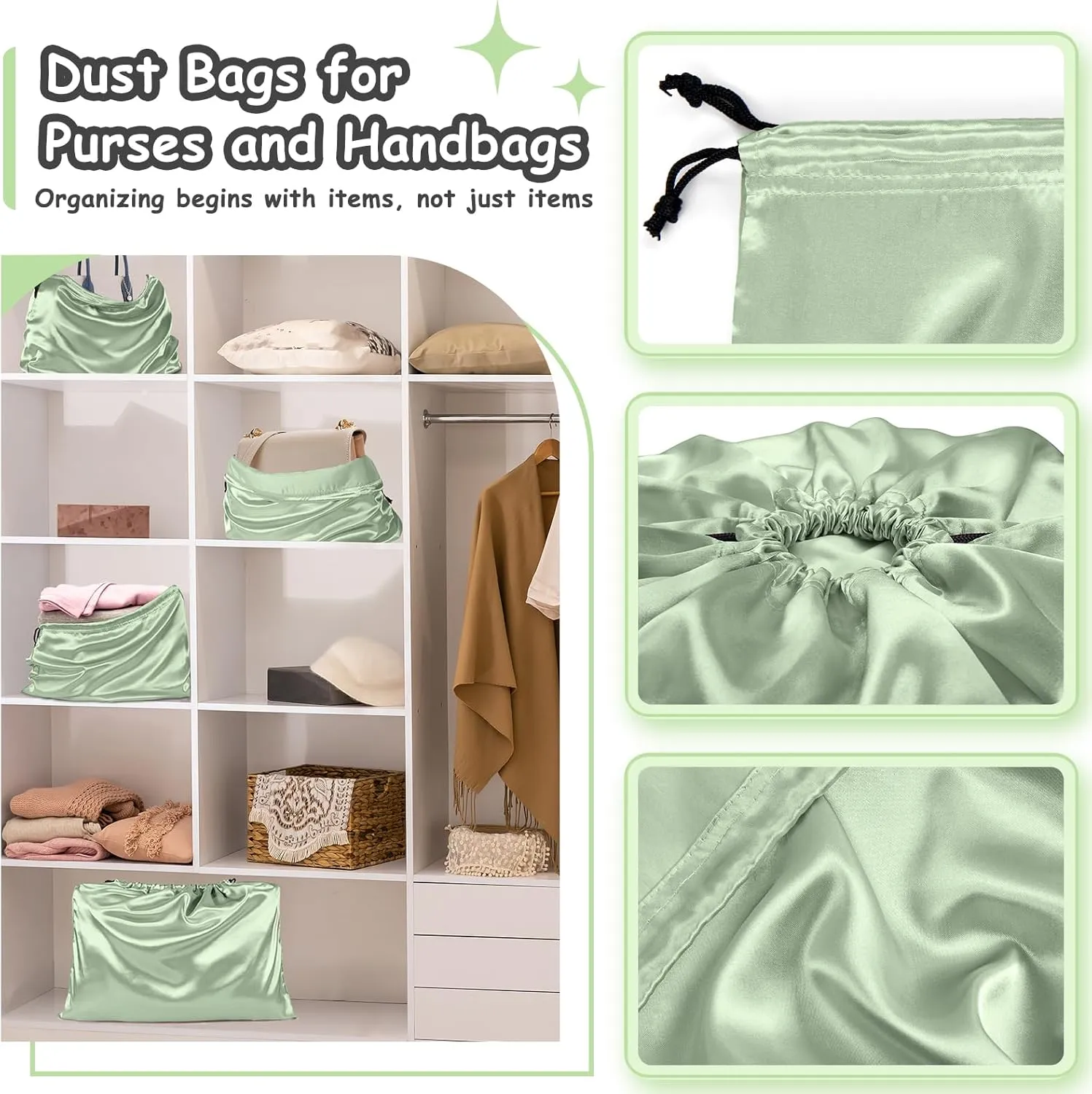 RUDONG M 8 Pack Satin Dust Bags for Handbag, Silky Dust Cover Bags with Drawstring, Sage Green Purse Dustbags for Storage, Travel Pouch Clothes Shoes