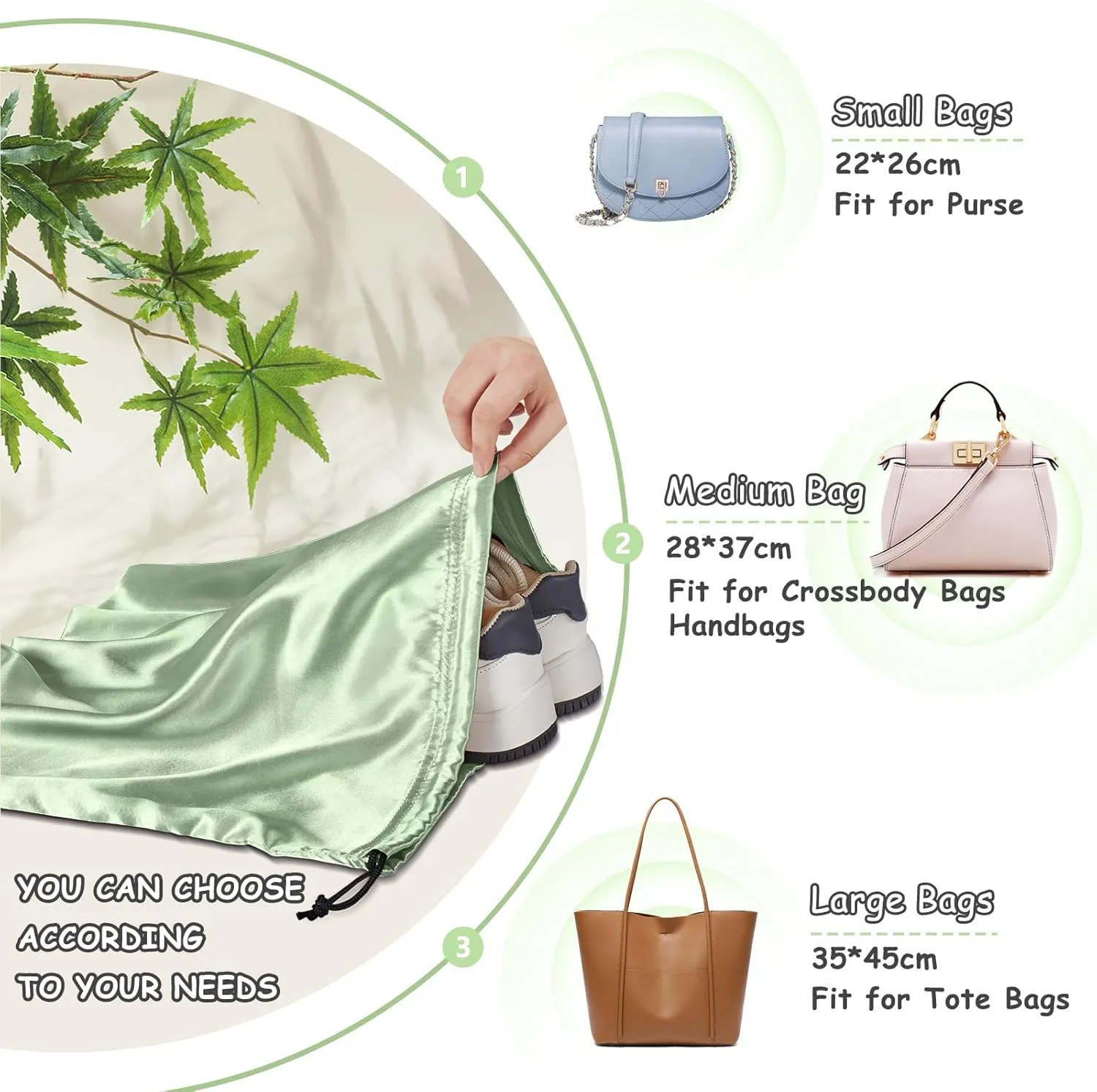 RUDONG M 8 Pack Satin Dust Bags for Handbag, Silky Dust Cover Bags with Drawstring, Sage Green Purse Dustbags for Storage, Travel Pouch Clothes Shoes