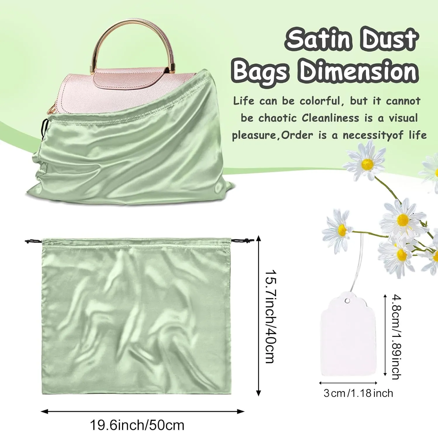 RUDONG M 8 Pack Satin Dust Bags for Handbag, Silky Dust Cover Bags with Drawstring, Sage Green Purse Dustbags for Storage, Travel Pouch Clothes Shoes