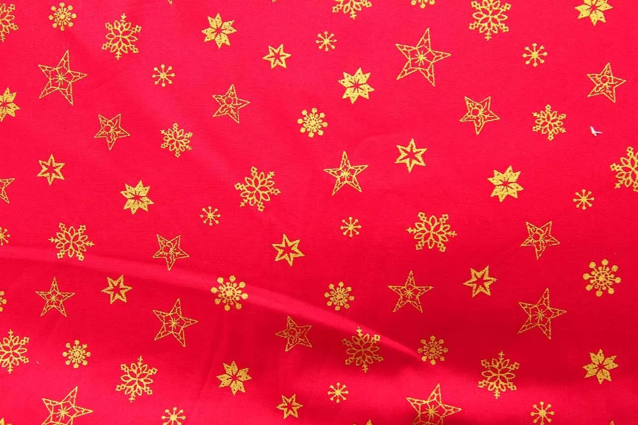 S1: Gold Winter Stars on Red Patchwork / Craft Fabric SOLD OUT