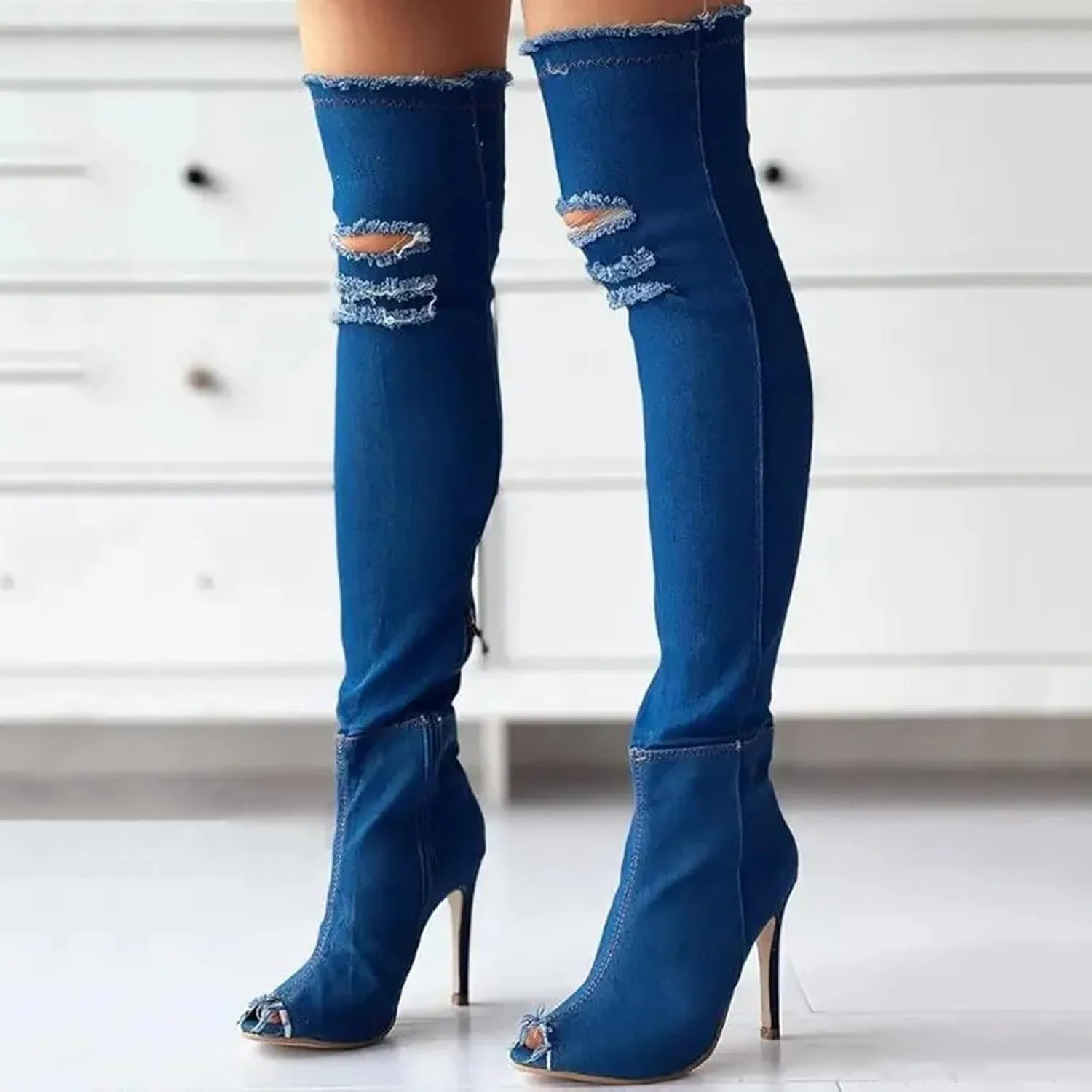 SACFOF Women's Denim Thigh High Boots Peep Toe Cutout Over The Knee Jean Stiletto Heeled Long Boots